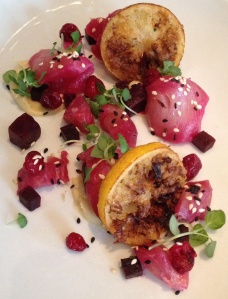 Sweet, roasted beets paired with fresh hamachi, garnished with a light sprinkling of lemon and sesame.